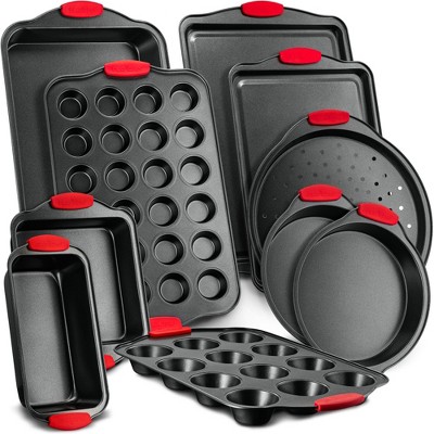 NutriChef Kitchen Oven Non Stick Gray Coating Carbon Steel 10 Piece Bakeware Set with Heat Resistant Red Silicone Handles