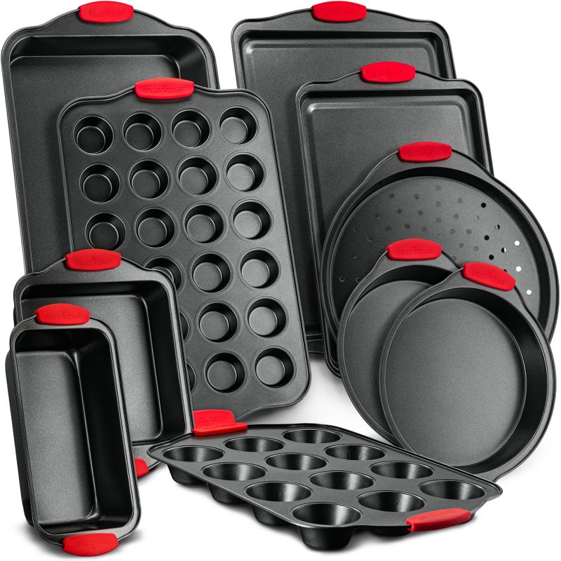 NutriChef Kitchen Oven Non Stick Gray Coating Carbon Steel 10 Piece Bakeware Set with Heat Resistant Red Silicone Handles, 1 of 7
