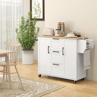 NicBex Mobile Kitchen Island Cart Kitchen Storage Cabinets Island Cart with Drop Leaf, 3 Drawers and 2 Cabinets for Kitchen, White
