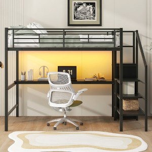 Whisen Full Size Metal Loft Bed with Desk and Convertible Storage Staircase and Small Wardrobe - 1 of 4