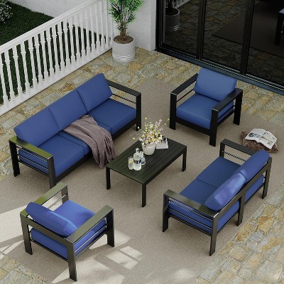 Blue 7-Piece Aluminum Patio Set - Sectional sofa & coffee table with washable cushions for porch, poolside or deck.