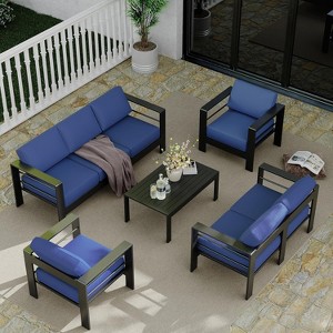 Blue 7-Piece Aluminum Patio Set - Sectional sofa & coffee table with washable cushions for porch, poolside or deck. - 1 of 4
