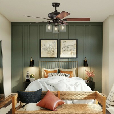 Bronze 52'' Ceiling Fan with Clear Glass Lights and Reversible Wooden Blades