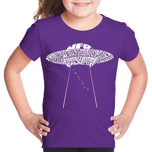 LA Pop Art Girl's Word Art T-shirt - Flying Saucer UFO - 1 of 4