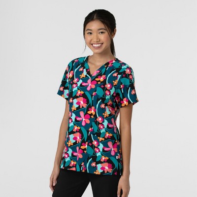Wink Fashion Prints Women's Fitted 3-Pocket V-Neck Print Scrub Top