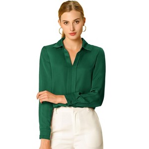INSPIRE CHIC Women's Elegant V Neck Long Sleeve Office Work Satin Shirt - 1 of 4