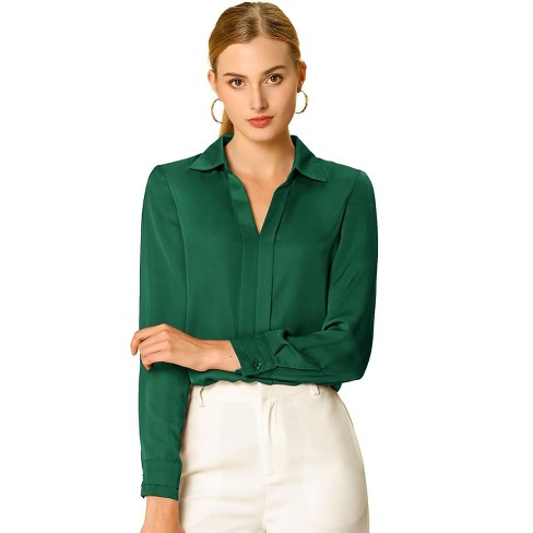 Allegra K Women's Elegant V Neck Long Sleeve Office Work Satin Blouse Green  X-Large