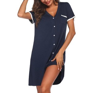 Ekouaer Nightgowns for Women Button Down Pajamas Tops Short Sleeve Sleepwear V-Neck Sleepwear - 1 of 4