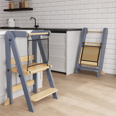 TinyHomie Foldable Toddler Kitchen Tower, 3 Adjustable Height Wooden Learning Stool, Standing Tower with Safety Net for Kitchen Bathroom
