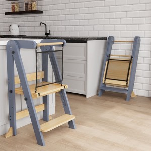 TinyHomie Foldable Toddler Kitchen Tower, 3 Adjustable Height Wooden Learning Stool, Standing Tower with Safety Net for Kitchen Bathroom - 1 of 4