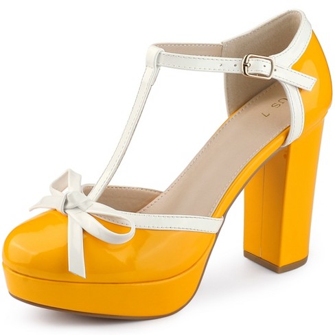 Allegra K Women s Platform Bow T strap Chunky Heels Pumps Yellow 10 Target