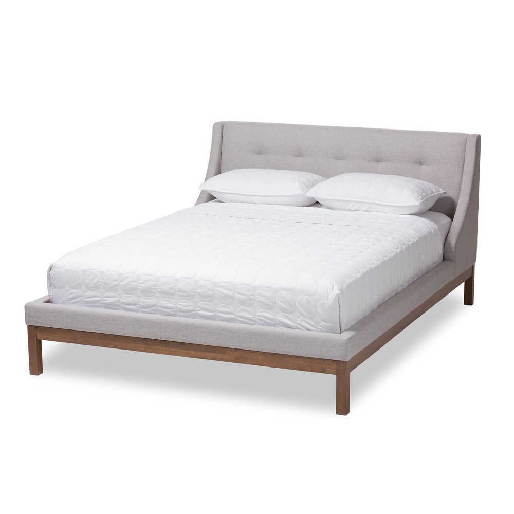 Photos - Bed Frame Queen Louvain Fabric Upholstered Walnut Finished Platform Bed Grayish Beig