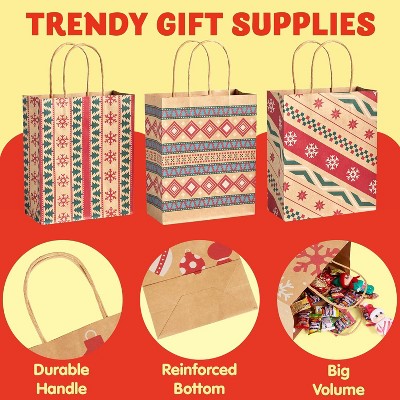 Assorted Kraft Christmas Gift Bags with Festive Designs, 24-Pack