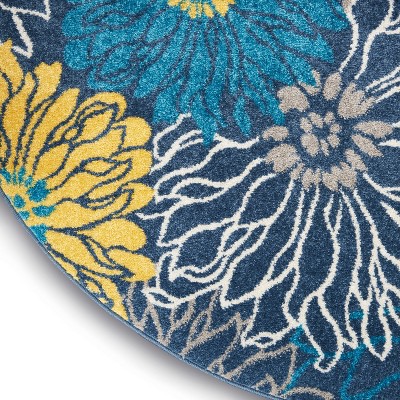 Blue and Yellow Floral Round Synthetic Area Rug, 5'3"