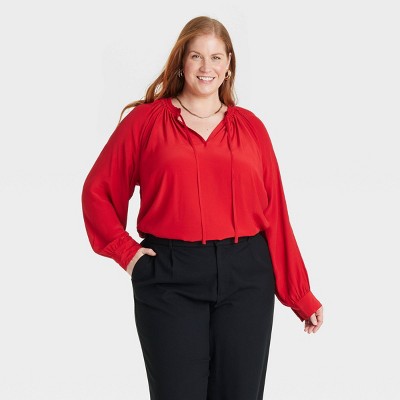 Women's Raglan Long Sleeve Split Neck Blouse - Ava & Viv™ Red 1X