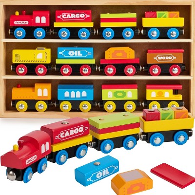 Joyfy Montessori Wooden Train Toy Set for Kids, 12PCS Magnetic Train Cars STEM Educational Toy Xmas Birthday Gift for Boys & Girls Ages 2-8 Years
