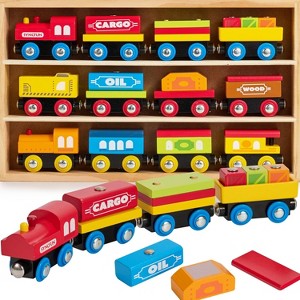 Joyfy Montessori Wooden Train Toy Set for Kids, 12PCS Magnetic Train Cars STEM Educational Toy Xmas Birthday Gift for Boys & Girls Ages 2-8 Years - 1 of 4