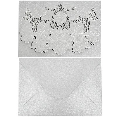 Paper Junkie 24-Pack Laser Cut Silver Glitter Invitations Cards with Envelopes for Wedding Bridal Shower, 7x5 in