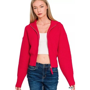 I am a Fashion Junky Zenana Ribbed Collared Zip Up Sweater Cardigan - 1 of 4