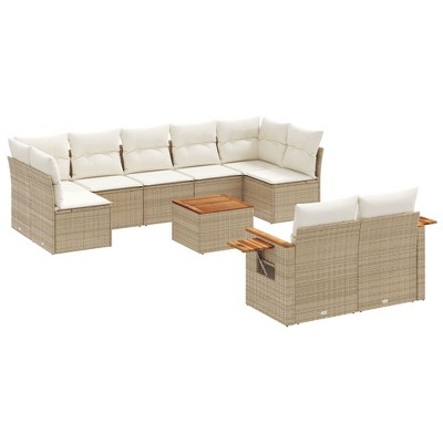 vidaXL 10 Piece Patio Sofa Set with Cushions Beige and Cream Poly Rattan - With Table