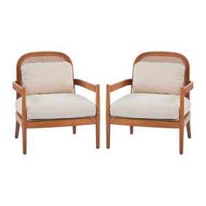 TiramisuBest [Set of 2] 26.6" Mid-Century Modern Accent Chairs with Walnut Wood Frame & Rattan Back, Comfy Greyish-Green Cushions - 1 of 4
