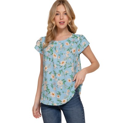 Slickblue Women's Floral Print Woven Tulip Sleeve Top, Round Neck Pleated Blouse - Blue/Ivory, Size S-L