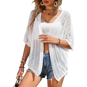 Womens Short Sleeve Mesh Cardigan Drop Shoulder Cardigan Semi-Sheer Sweater Cardigan Lightweight Beach Cover Up - 1 of 1