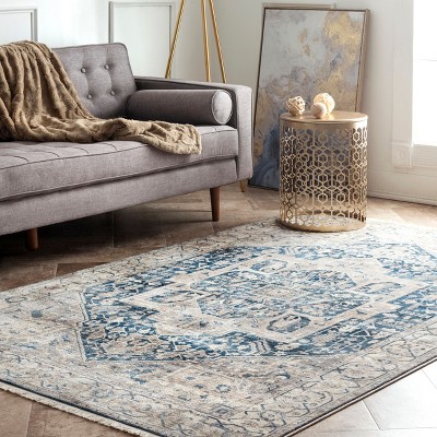 Gray and Blue Medallion Synthetic 4' x 6' Area Rug
