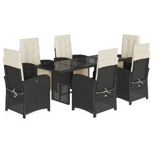 vidaXL Black Poly Rattan 7 Piece Patio Dining Set with Cushions - Adjustable Reclining Garden Chairs and Tempered Glass Tabletop - 1 of 4