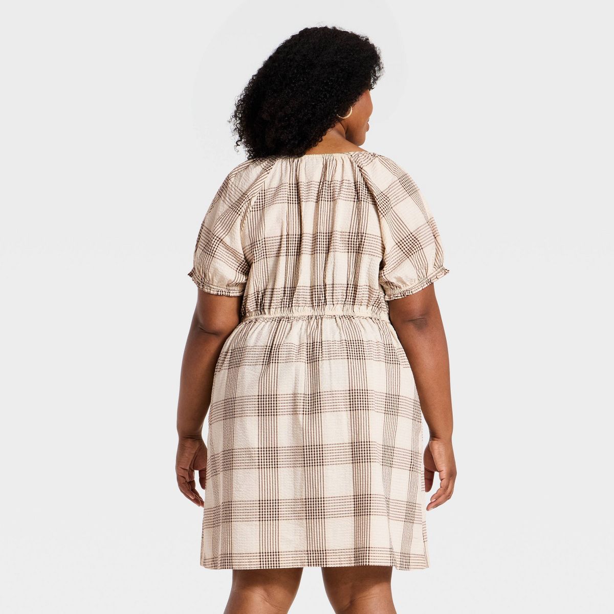 Women's Plus Short Sleeve Front Tie Plaid Mini Dress - Ava & Viv™ Brown - thumbnail 2