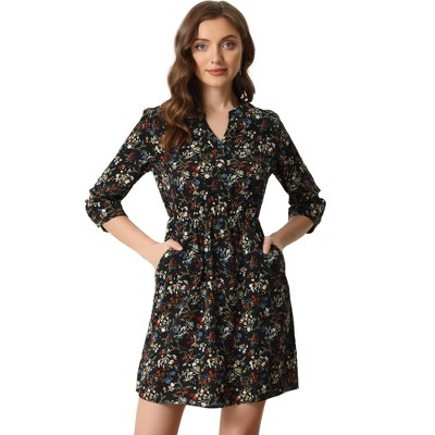 Allegra K Women's Button Front Floral Print Split Neck 3/4 Sleeves Above  Knee Dresses Black X-large : Target