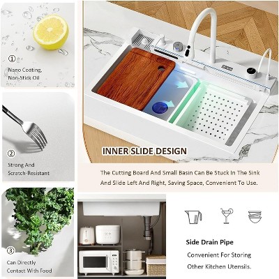 Nano White Stainless Steel Waterfall Sink with Pull-Out Tap