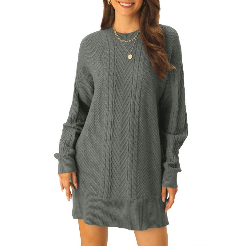 Seta T Women's Long Sleeve Crewneck Above Knee Cable Knit Casual Sweater Dress, 1 of 6