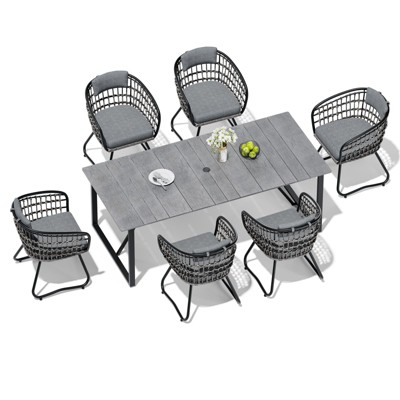 Crestlive Products 7pc Outdoor Dining Set 82.7 inch Patio Dining Table with Rattan Dining Chairs Wooden-Like Top and Aluminum Frame Umbrella Hole