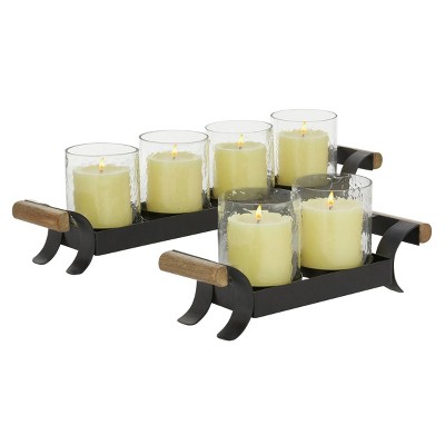 Set of 2 Tea Light Glass/Metal Candle Holders with Stand Black - Olivia & May