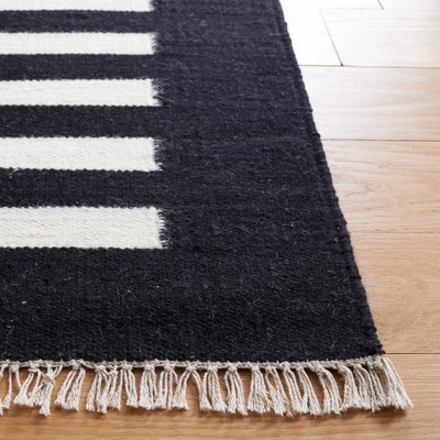 Black and White Striped Flat Woven Wool Area Rug 5'x8'