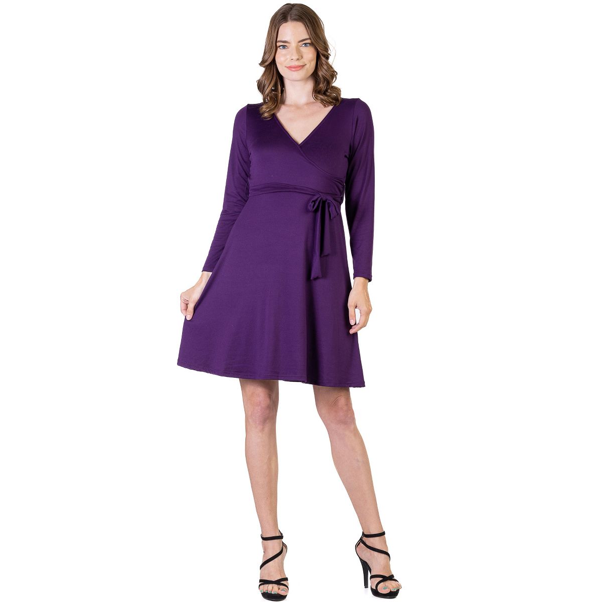 Womens Chic V-Neck Long Sleeve Knee Length A-Line Belted Wrap Dress - 24seven Comfort Apparel™ - thumbnail 5