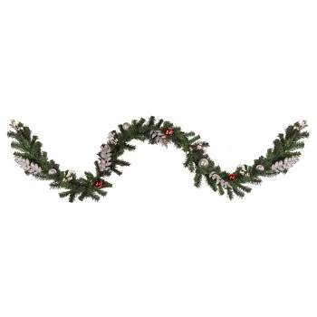 Northlight Pre-Lit Battery Operated Decorated Green Pine Christmas Garland - 9' - Warm White LED Lights
