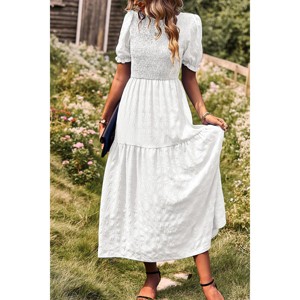 Women's Puff Short Sleeve Smocked Midi Dress Casual Summer Floral Print Elastic Waist Tiered A Line Maxi Dress - 1 of 4