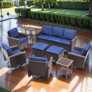 Buenhomino 9-Piece Outdoor Set – Sofa, 4 Swivel Chairs, 2 Tables & 2 Ottomans, Handwoven Wicker, Weather-Resistant Cushions - 1 of 4