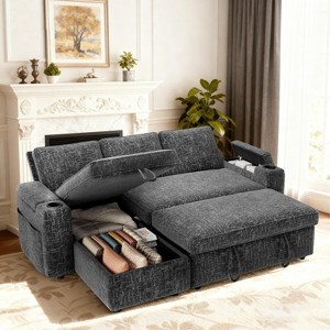 Dyonery 81-inch convertible sofa, with built-in cup holders and storage compartments in the armrests, hidden drawers, and a movable empress position - 1 of 4