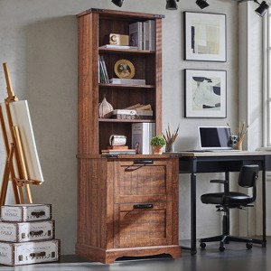 Farmhouse Bookshelf with 2 Large File Drawers, 72" Tall Bookcase with Storage,  4 Tier Rustic Wood Bookshelf for Home, Living Room - 1 of 4