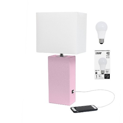 Blush Pink Leather Table Lamp with USB Port and Fabric Shade