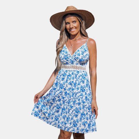 Женские платья Cupshe Women's Floral Print Spaghetti Strap Mini Dress with Crochet Lace Waist Detail-M-Blue