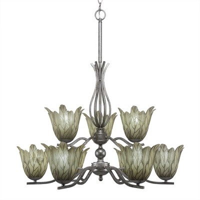 Toltec Lighting Revo 9 - Light Chandelier in  Aged Silver with 7" Vanilla Leaf Shade
