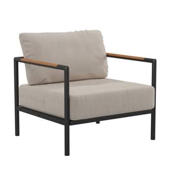 Merrick Lane Outdoor Accent Chair with Removable Plush Fabric Cushions and Teak Accented Aluminum Frame
