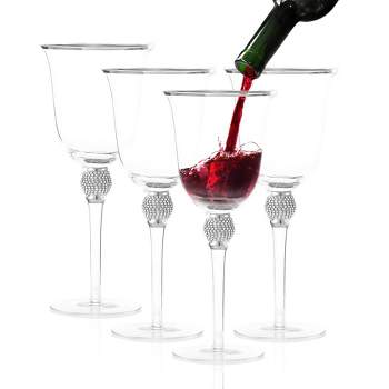 Berkware Classy Rhinestone Embellished Long Stem Rose Wine Glasses with Elegant Rim Design - 18oz