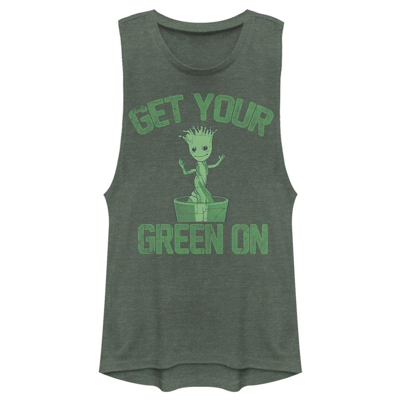 Juniors Womens Marvel Groot St. Patrick's Day Get Your Green On Festival Muscle Tee, 1 of 5