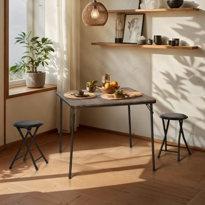 FurnitureR 3-Piece Folding Table and Chair Set for 2, Space-Saving Square Card Table with 2 Stools, Ideal for Small Spaces, Home, Patio, Black