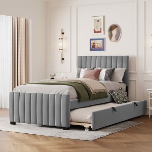 MAYEERTY Twin Size Velvet Upholstered Platform Bed, Twin Trundle, Bedroom, Gray - 1 of 4